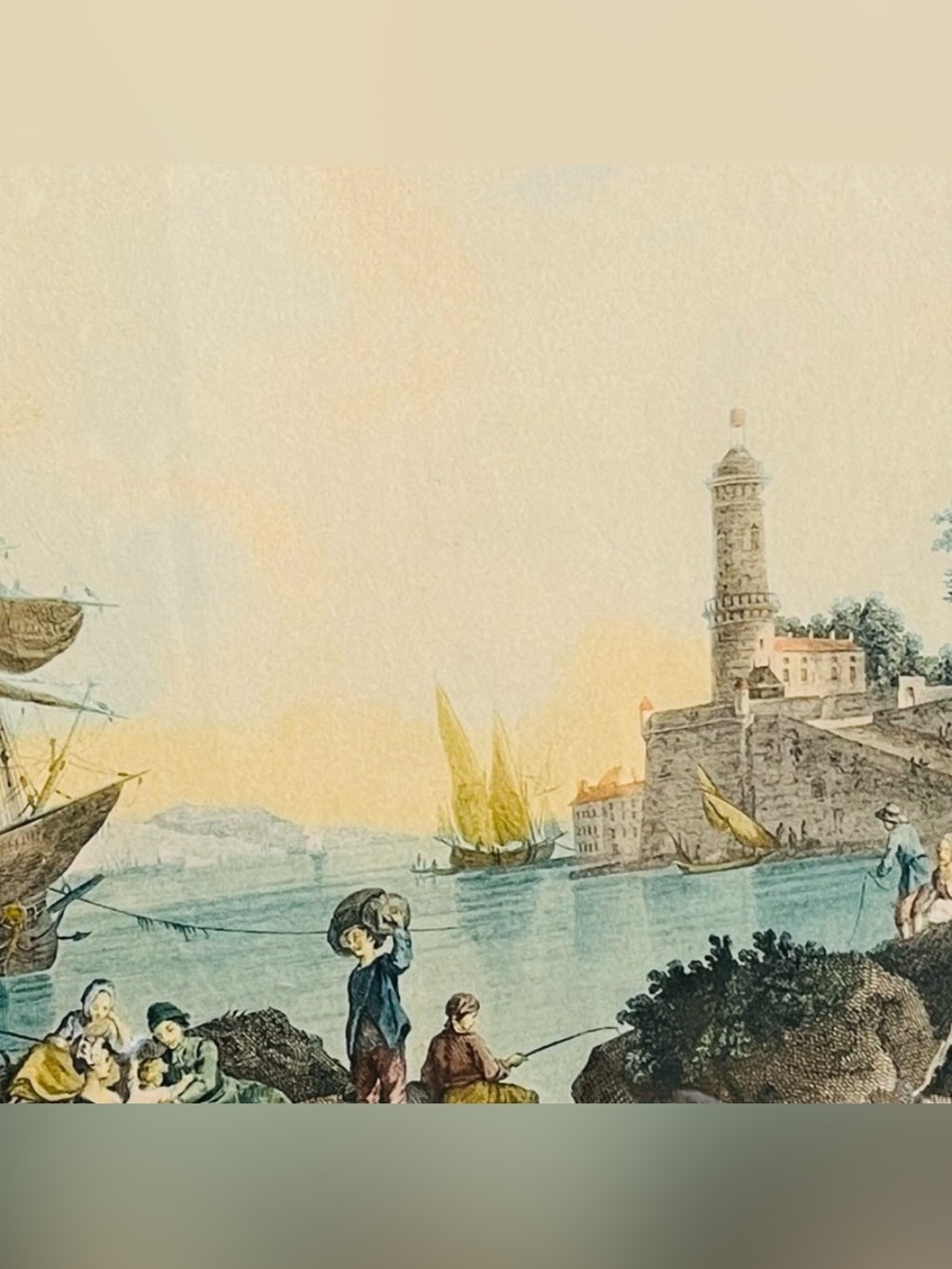 Antique French Le Delassement du Pecheur colored etching - Picture 9 of 11